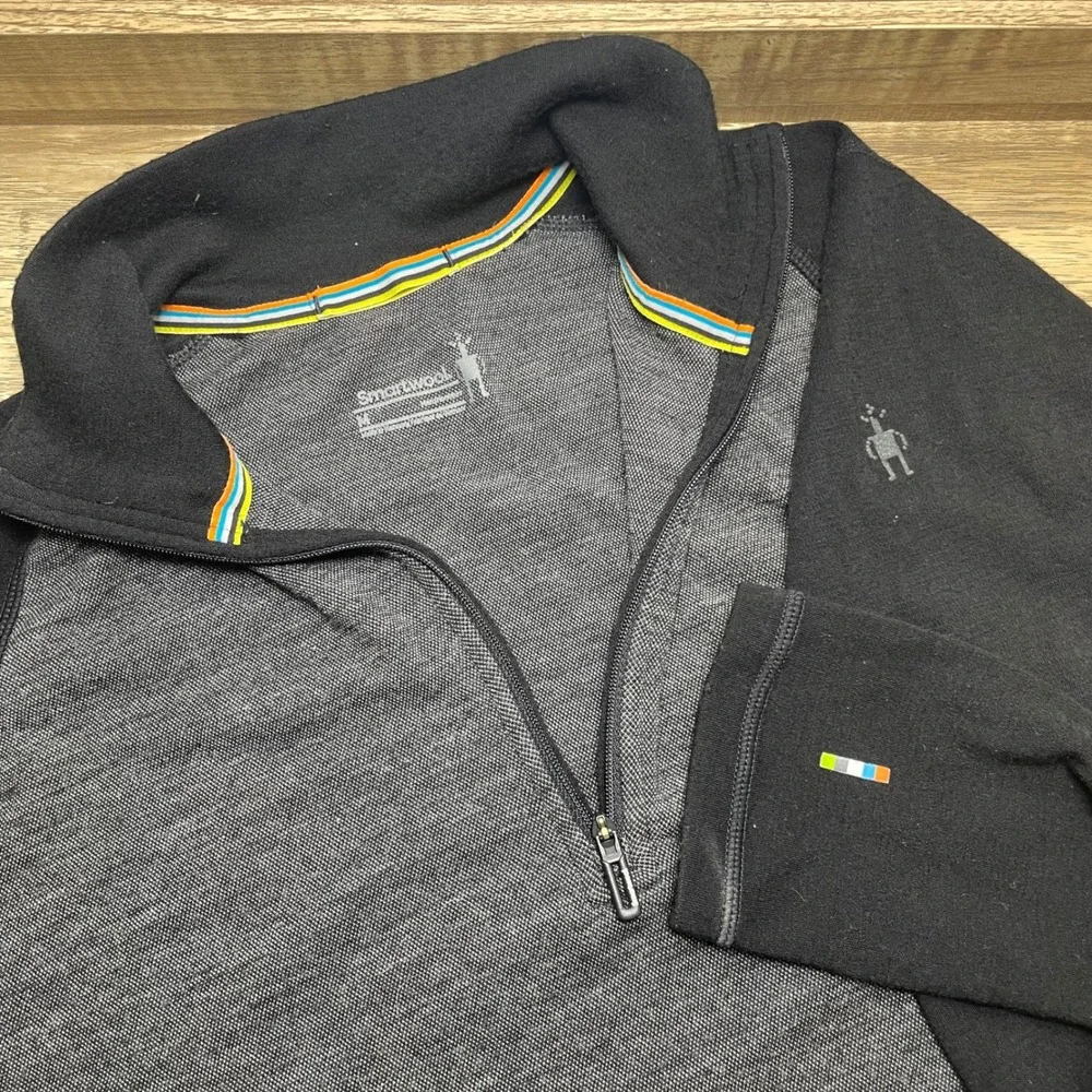Smartwool Men Quarter Zip Pullover 100% Merino Wool Black Gray Medium Base Layer